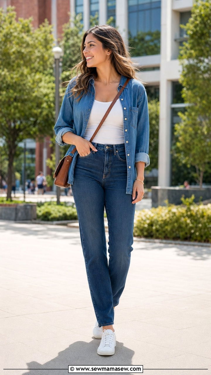 Denim on denim with white sneakers - 35 school outfit ideas for women