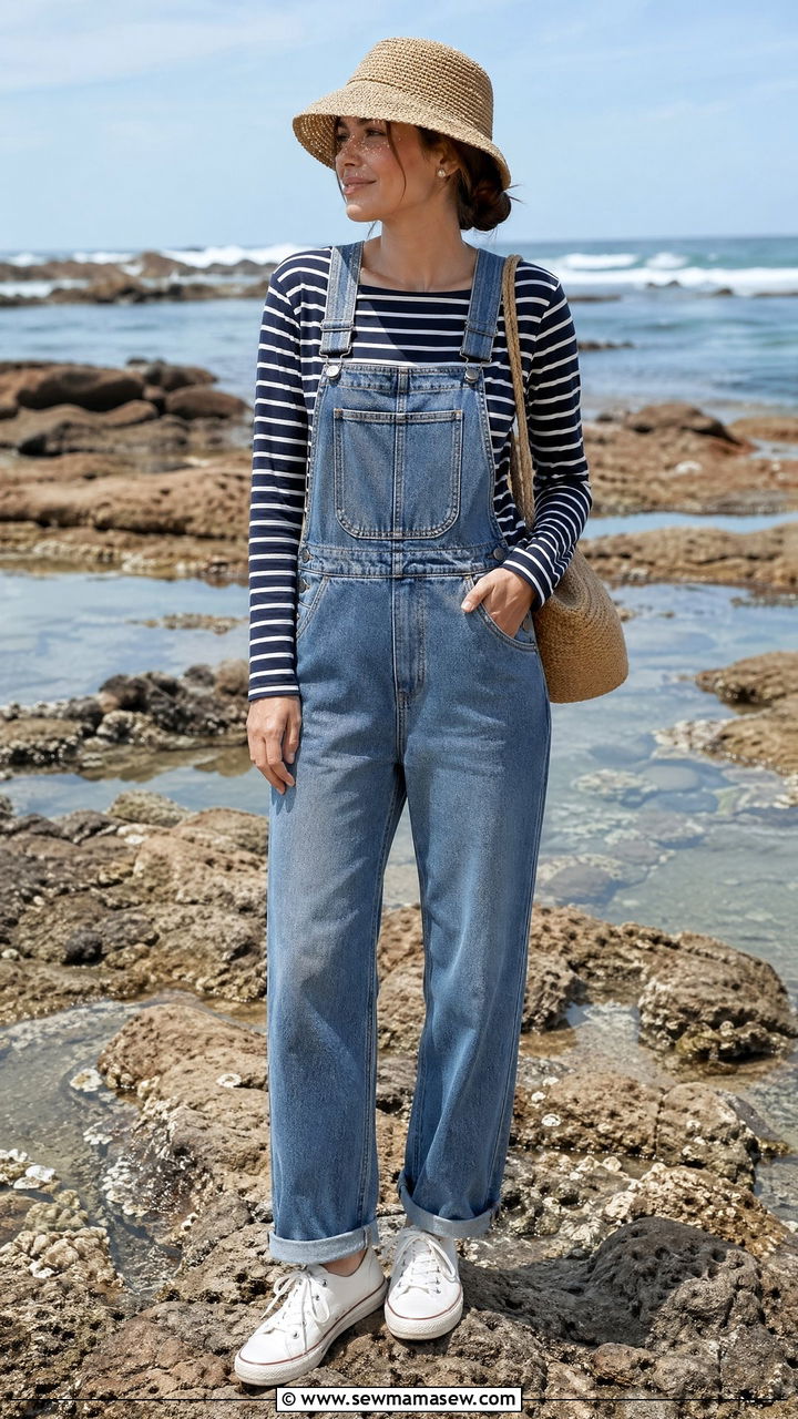 Denim overalls and classic striped tee coastal grandmother look - 35 coastal grandmother outfits ideas