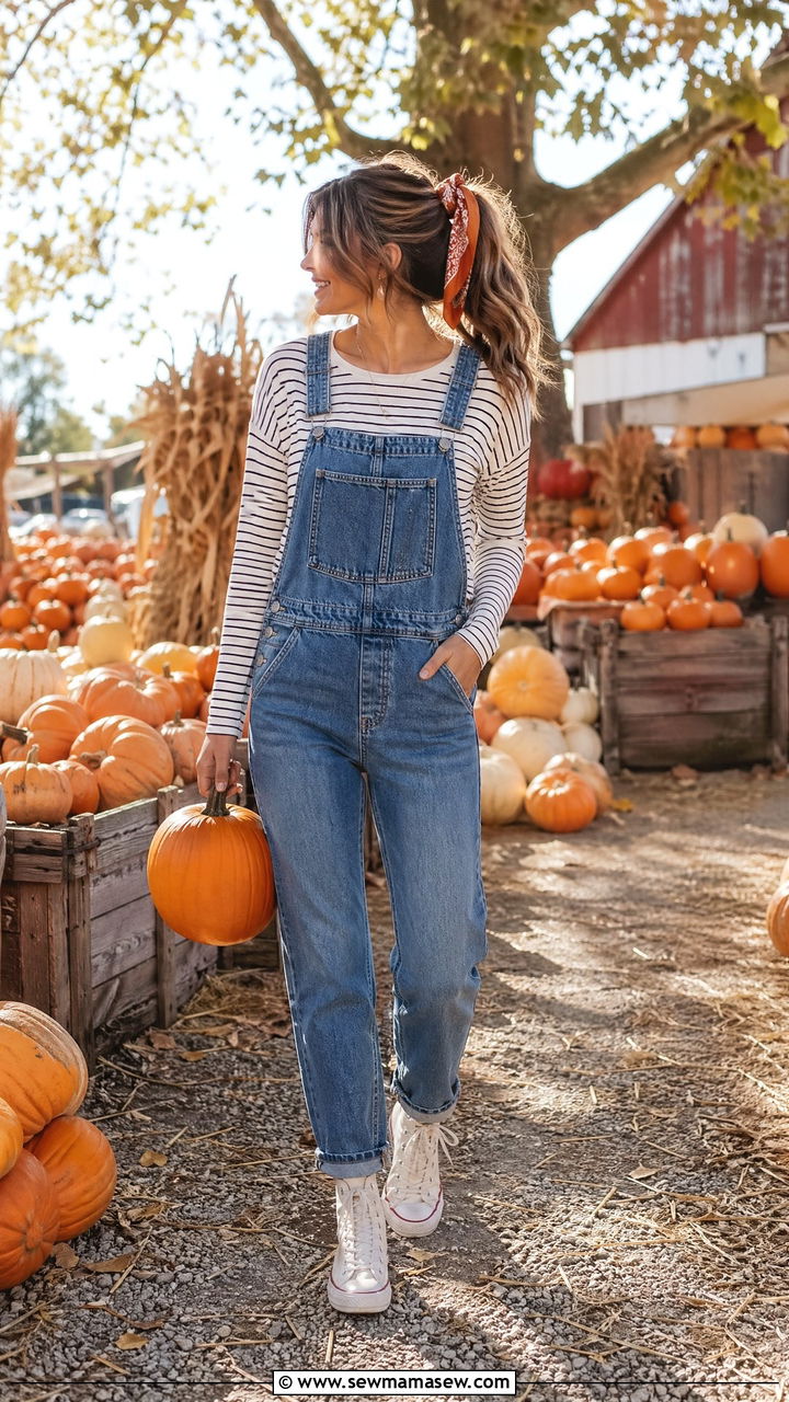 Denim overalls and long sleeve tee outfit - 35 Comfy outfits for moms
