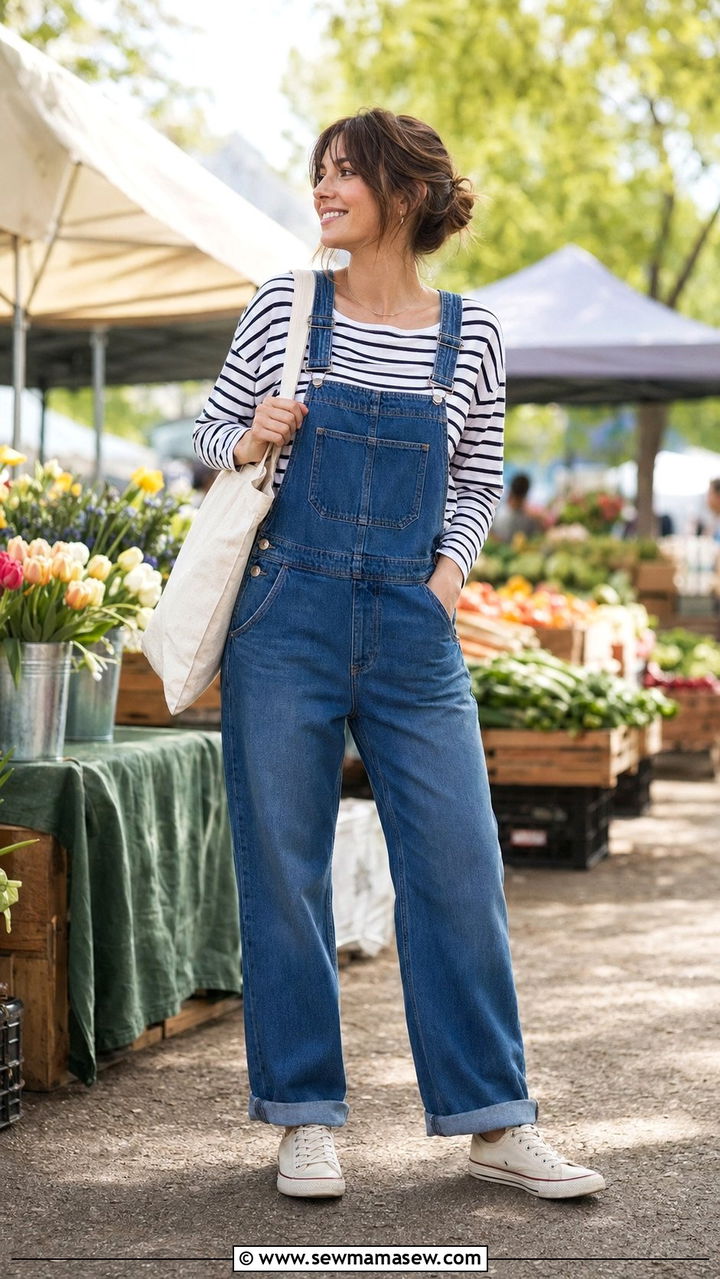Denim overalls and striped tee outfit - 30 Aesthetic spring outfit ideas 2026