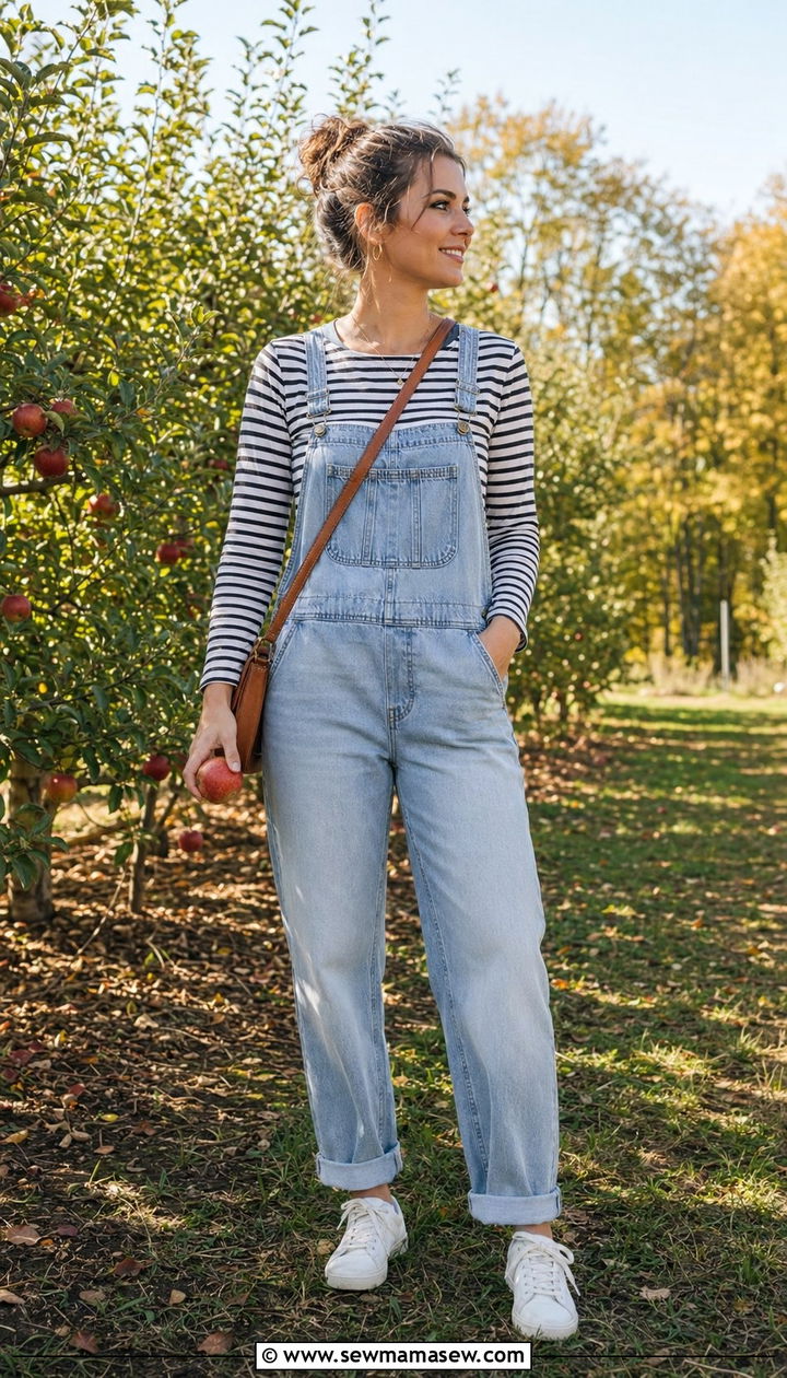 Denim overalls and striped top outfit - 35 Outfit ideas for moms