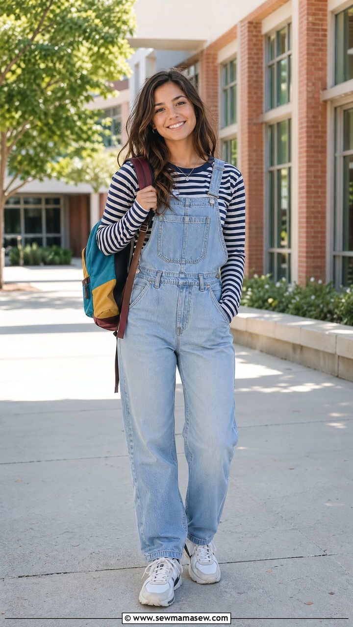 Denim overalls with a long sleeve striped tee - 35 casual school outfits