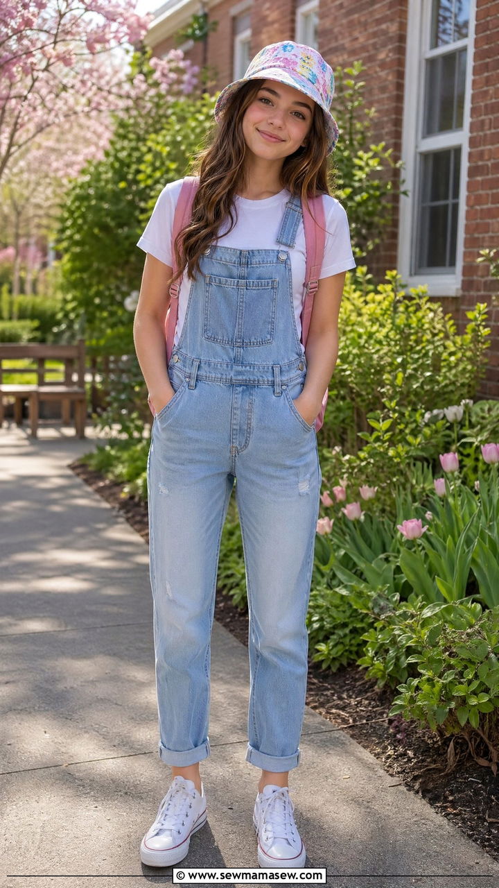 Denim overalls with basic white tee outfit - 35 Spring outfits for school