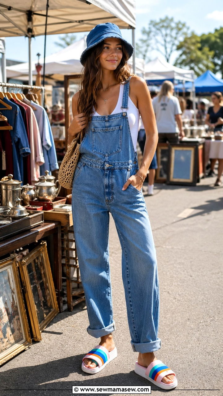 Denim overalls with colorful sporty slides - 30 Slide sandal outfit ideas