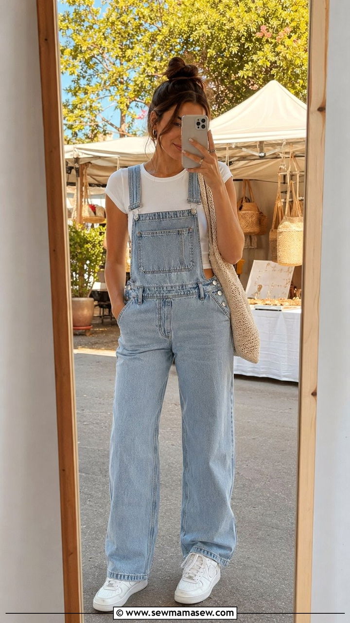 Denim overalls with white baby tee outfit - 30 90s summer outfits