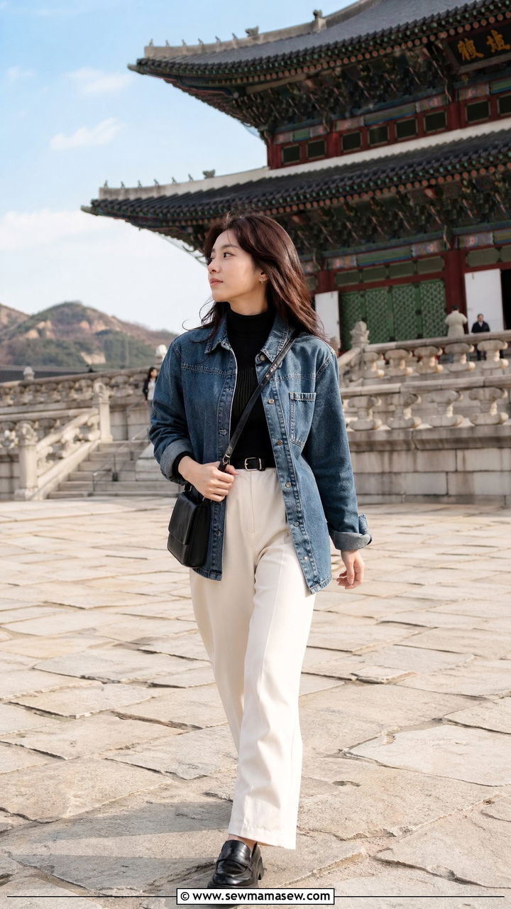 Denim shacket with wide leg trousers - 35 Seoul vacation outfit ideas