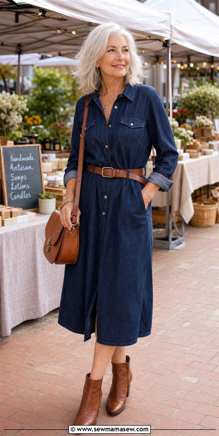 Denim shirt dress with leather accessories - 35 Outfit ideas for women over 60