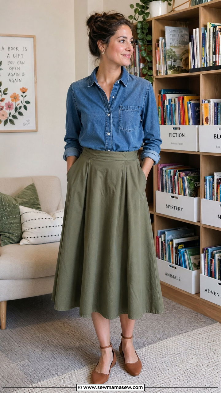 Denim shirt tucked into A line midi skirt with ankle strap flats - 35 Teacher outfit ideas for school
