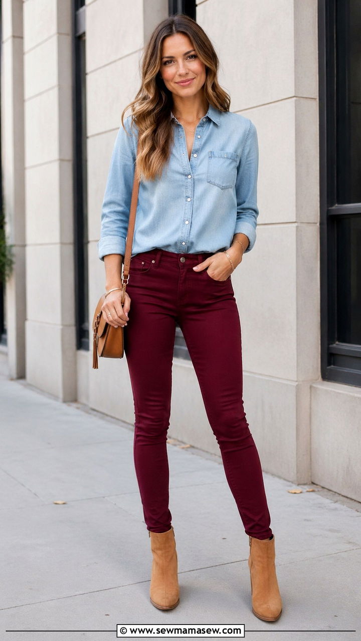 Denim shirt with burgundy skinny jeans - 30 Skinny jeans outfit ideas with a button down