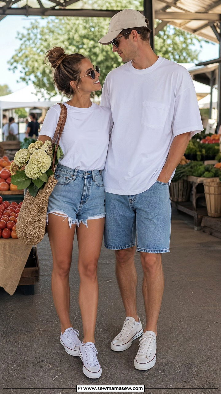 Denim shorts and white tee simple match - 35 Summer matching outfits for couples