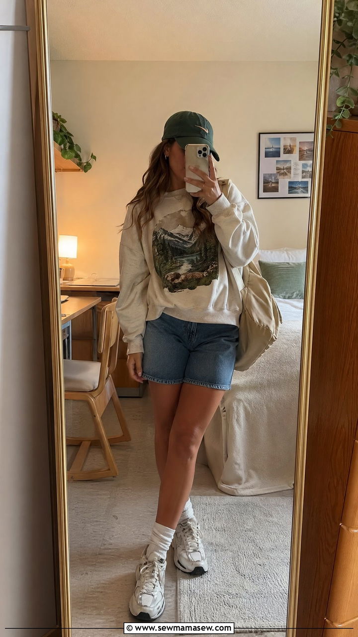 Denim shorts with a graphic sweatshirt - 35 casual school outfits