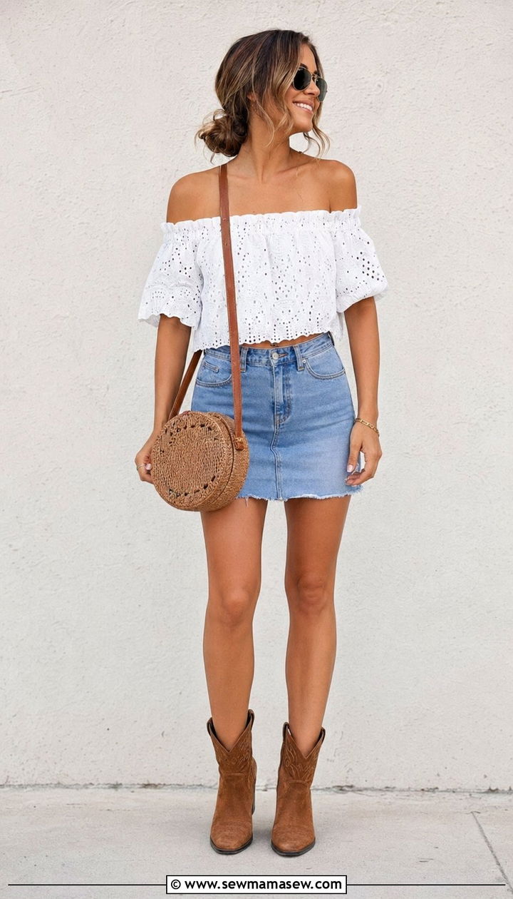 Denim skirt and off shoulder top - 30 what to wear to a country concert