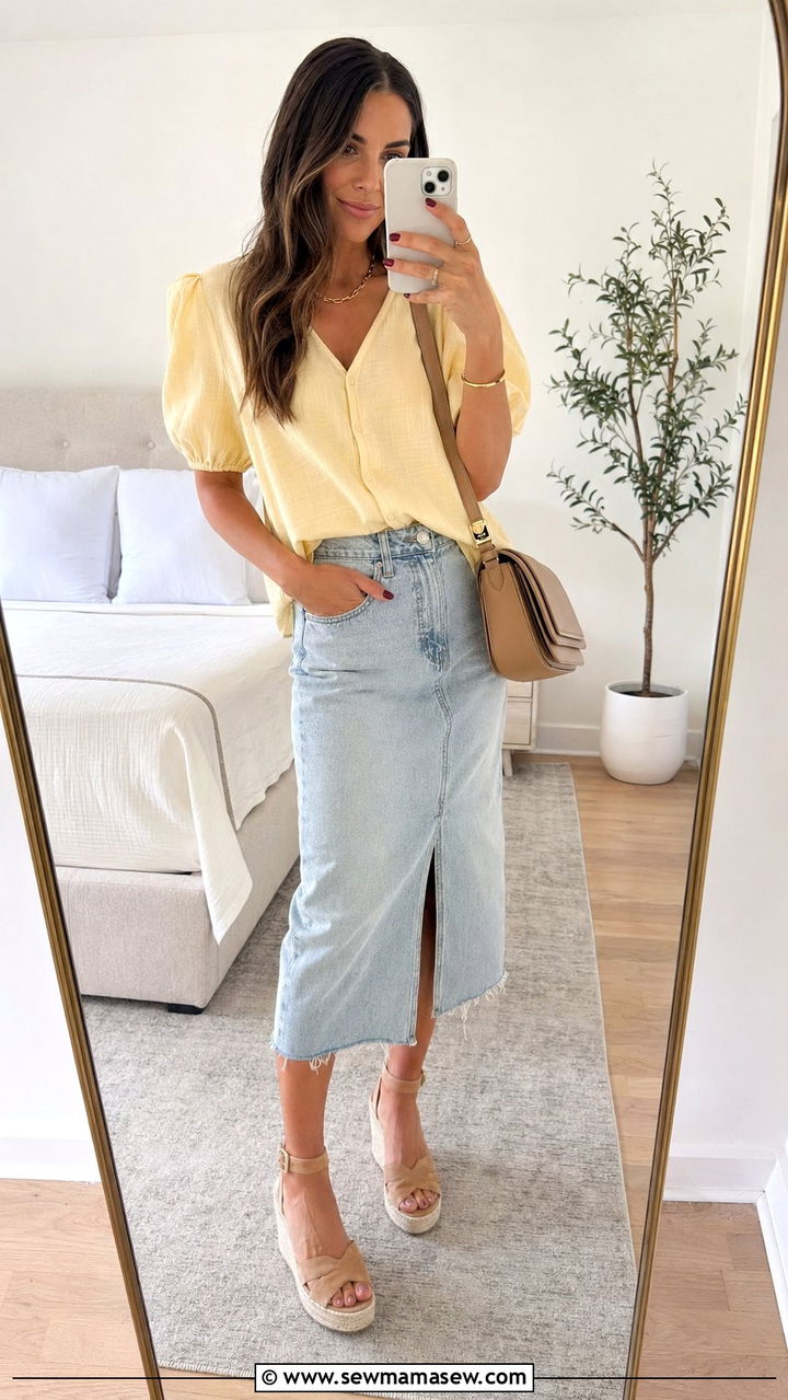 Denim skirt and yellow blouse - 30 Blue and yellow outfit ideas