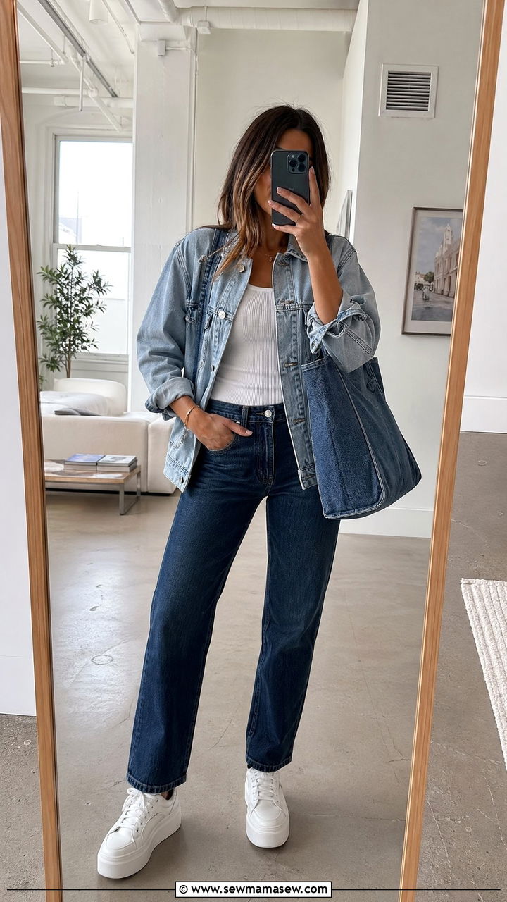 Denim tote with a denim jacket - 35 Tote bag outfit ideas