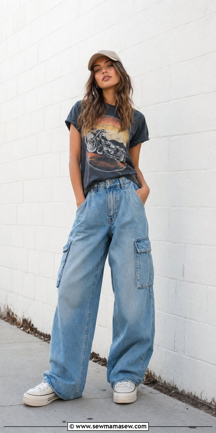 Denim wide leg cargo jeans with graphic tee and platform sneakers - 30 Best pants for tall women