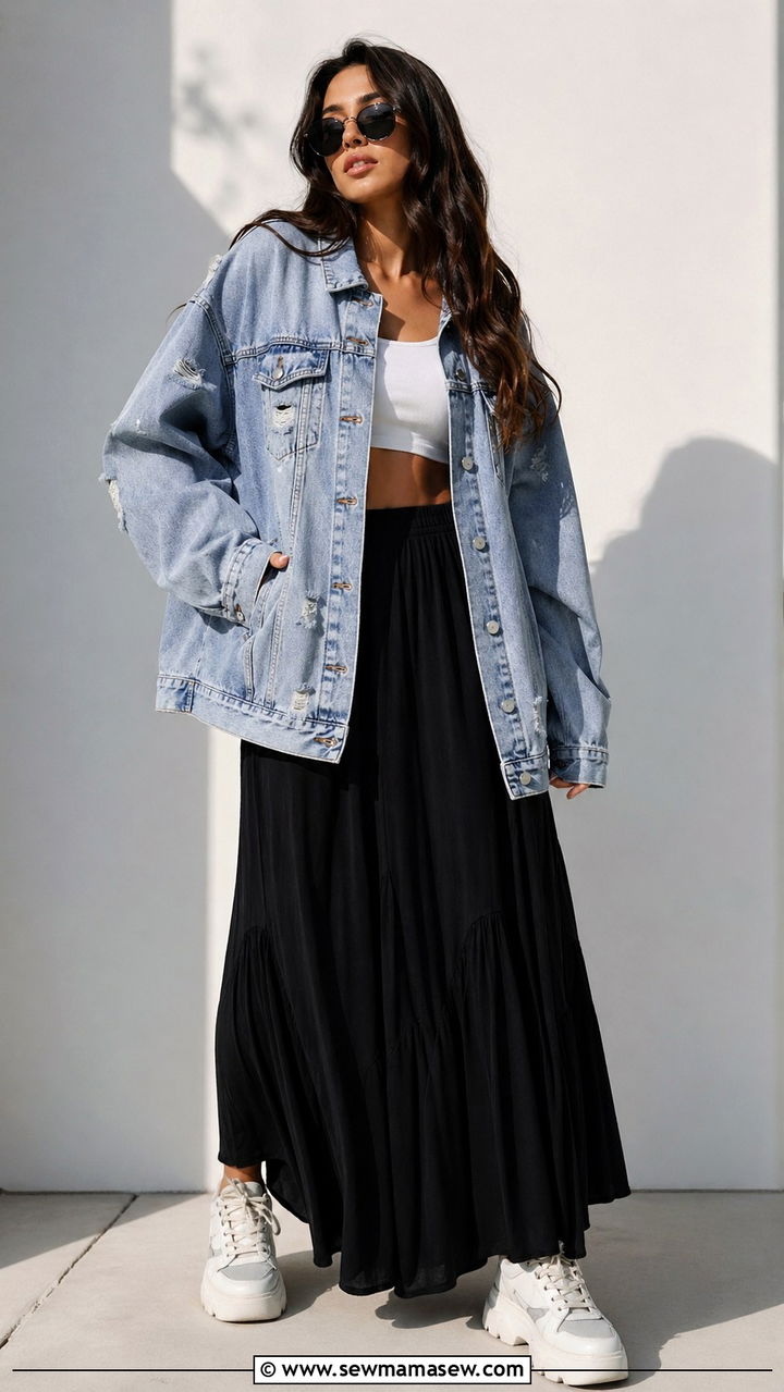 Distressed Denim Jacket With Maxi Skirt Spring Outfit - 30 spring grunge outfits
