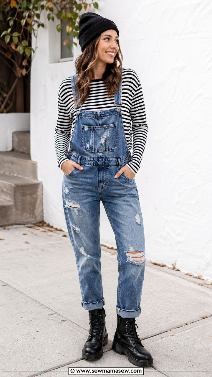 Distressed Denim Overalls And Striped Long Sleeve Tee - 30 spring grunge outfit ideas