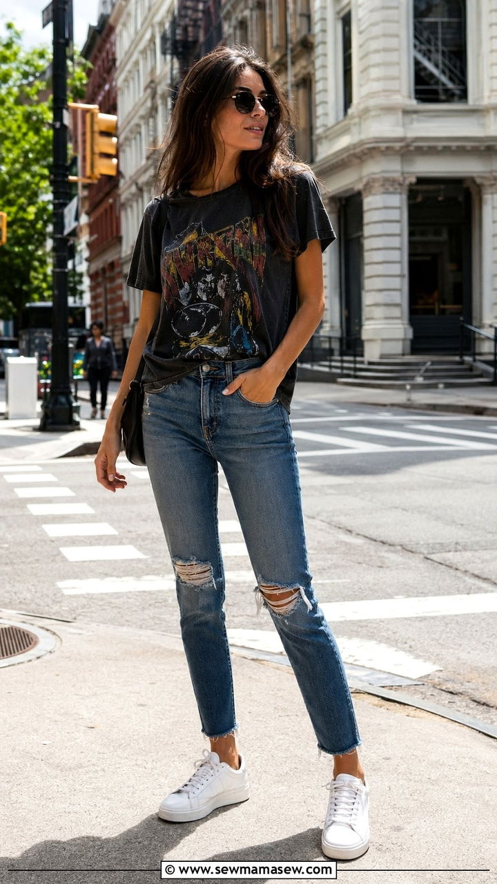 Distressed Slim Straight Jeans With Sneakers - 30 Best jeans for tall women