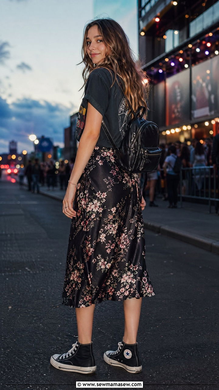 Distressed band tee with a printed midi skirt and Converse - 35 Spring outfits for teens