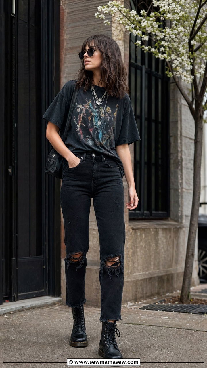 Distressed black denim and band tee - 35 Moody spring outfit ideas