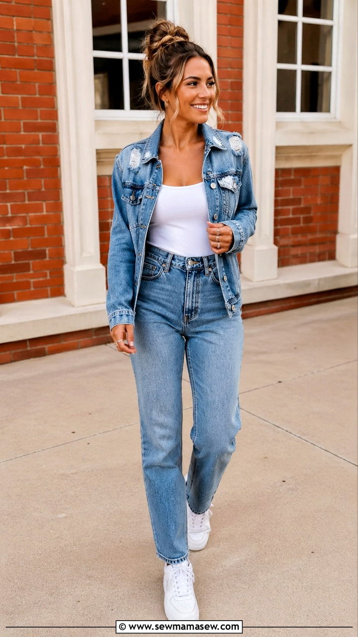 Distressed denim jacket and jeans outfit - 30 Sorority bid day outfit ideas