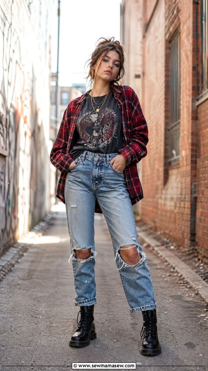 Distressed jeans with a band tee and flannel - 35 casual school outfits