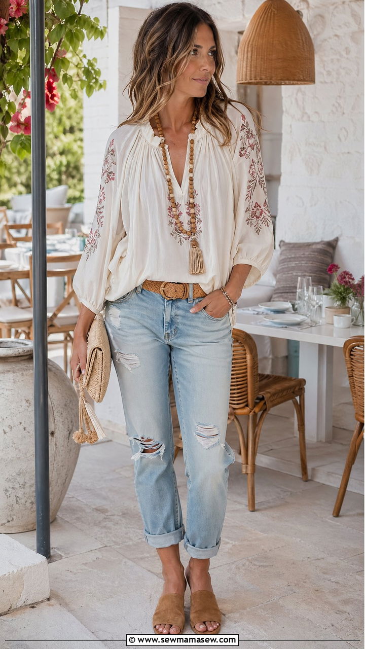 Distressed jeans with embroidered peasant top - 35 transitional boho outfit ideas