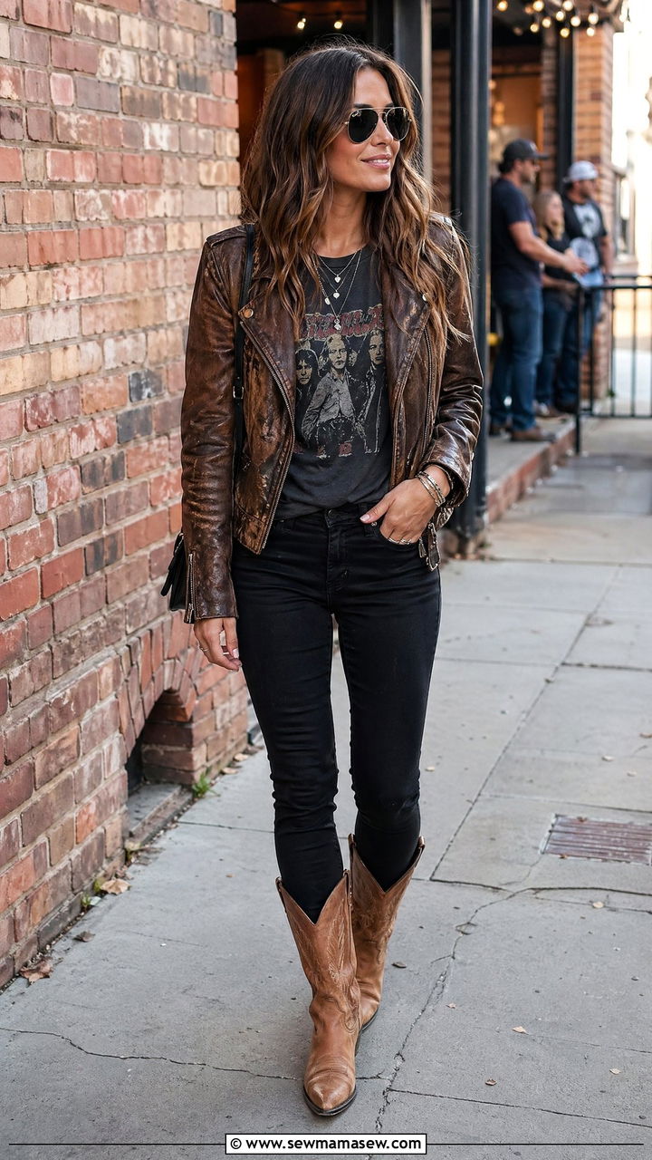 Distressed leather jacket with band tee and cowboy boots - 35 cowboy boots outfit ideas