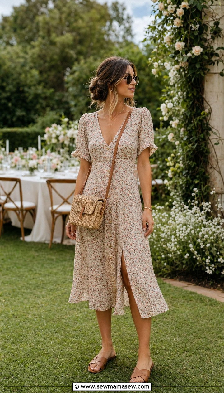Ditsy Floral Midi Dress With Straw Bag For Rustic Wedding - 35 Rustic wedding guest outfits