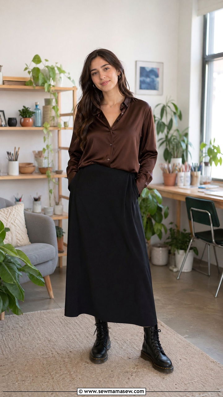 Doc Martens With Black Maxi Skirt And Brown Satin Blouse - 35 Counselor outfit ideas