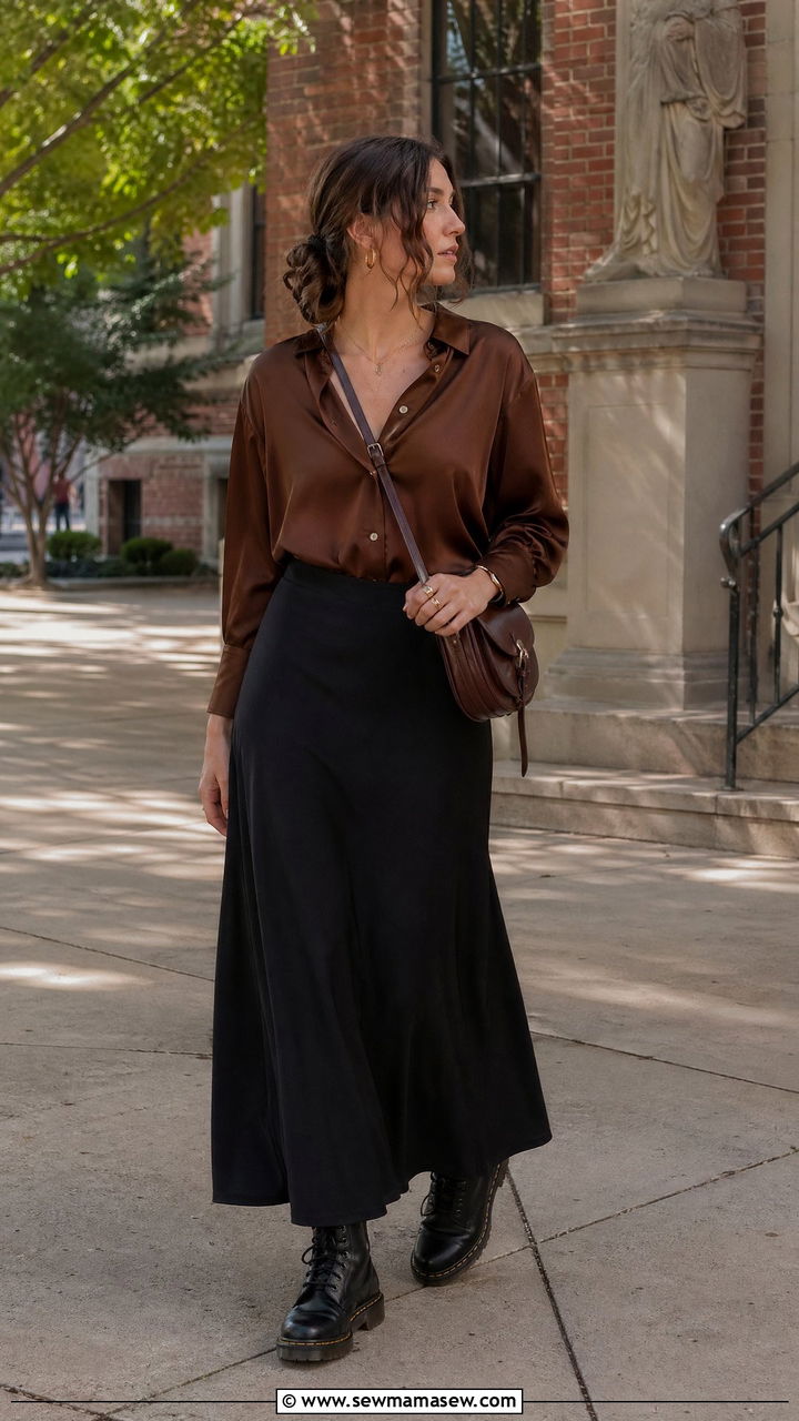 Doc Martens With Black Maxi Skirt And Brown Satin Blouse - 35 College professor outfit ideas