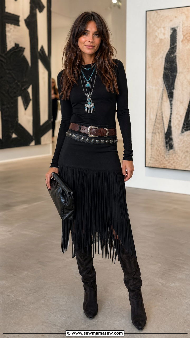 Double Belt Look with Fringe Skirt and Boots - 35 spring boho chic outfits