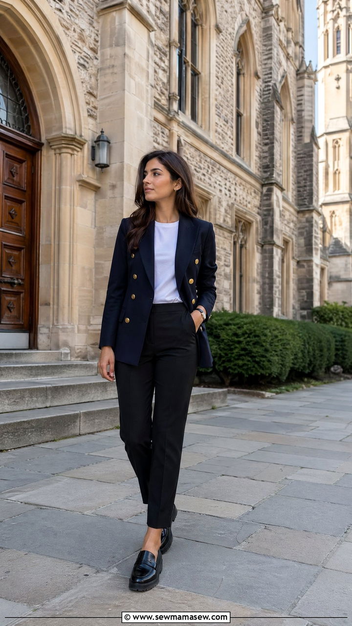 Double Breasted Blazer Outfit With Cigarette Pants And Loafers - 35 Dark academia outfit ideas