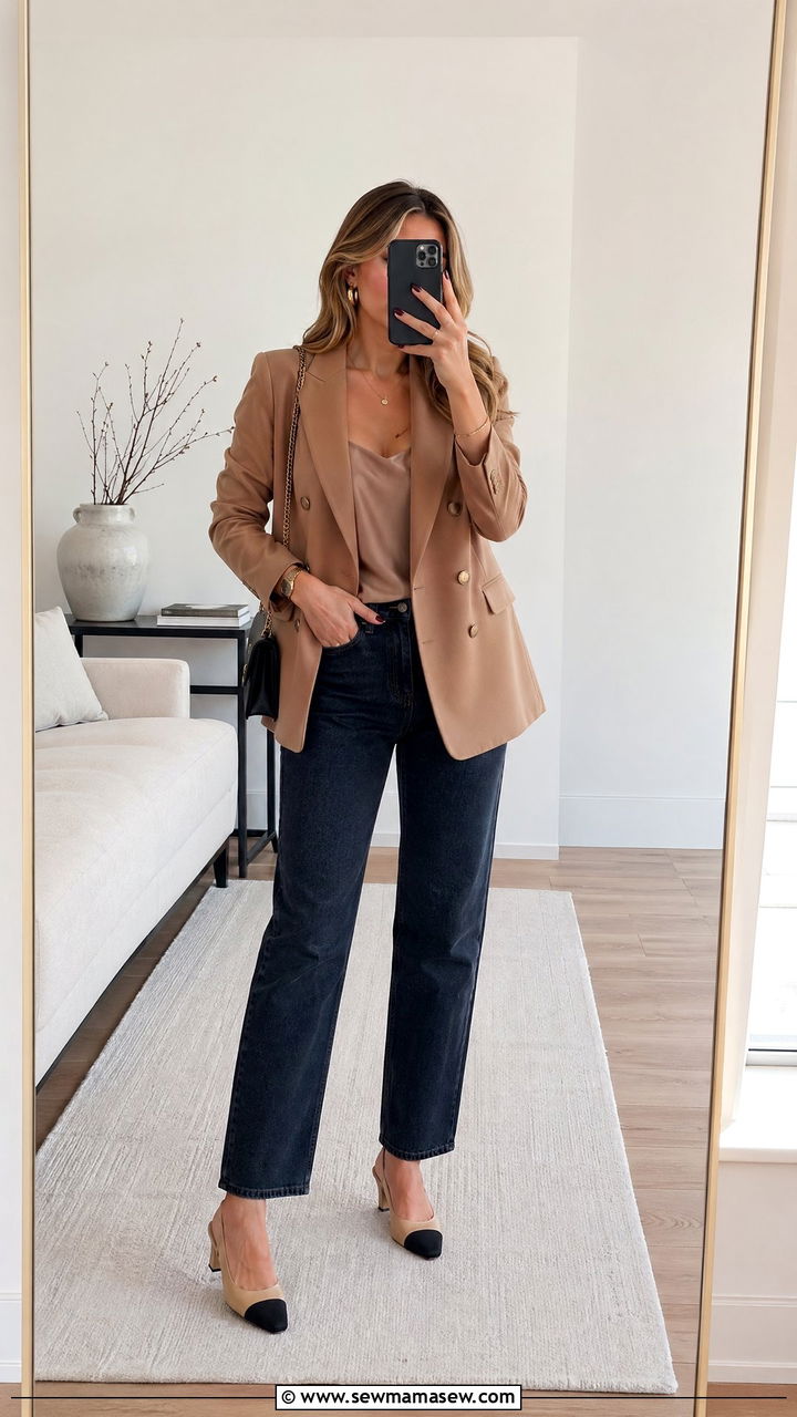 Double Breasted Blazer With Straight Leg Jeans And Slingbacks - 35 spring quiet luxury outfit ideas