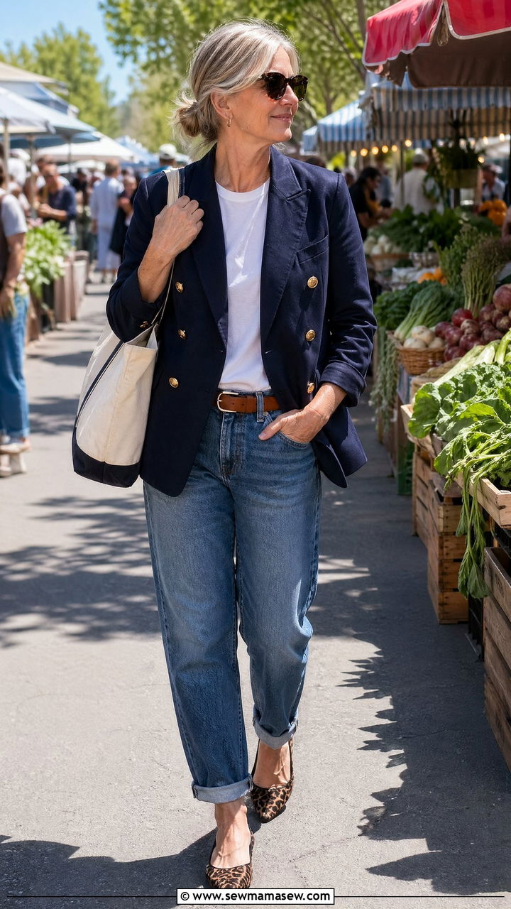 Double Breasted Blazer With White Tee And Boyfriend Jeans - 35 Classy outfits for women over 50