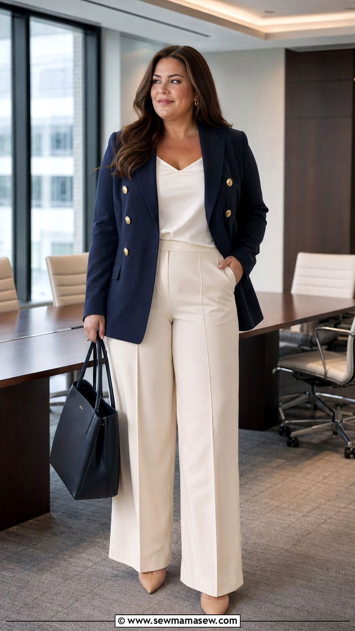 Double Breasted Blazer and Wide Leg Trousers - 30 Work outfits for plus size