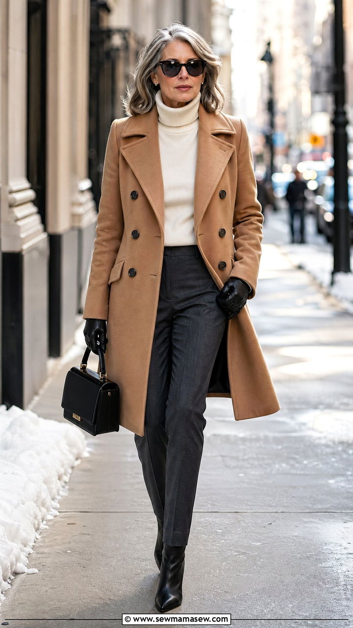 Double Breasted Coat with Slim Trousers and Pointed Toe Boots - 35 Classy outfit ideas for women over 50