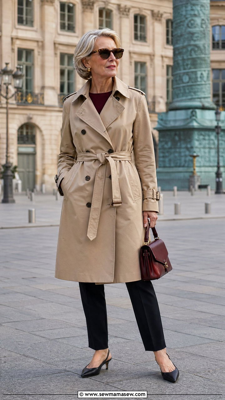 Double Breasted Trench Coat With Black Trousers And Kitten Heels - 35 Classy outfits for women over 50