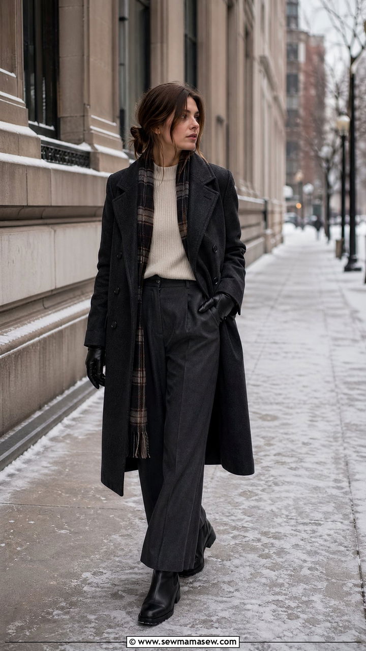 Double Breasted Wool Coat and Wide Leg Trousers with Chelsea Boots - 35 dark academia outfits