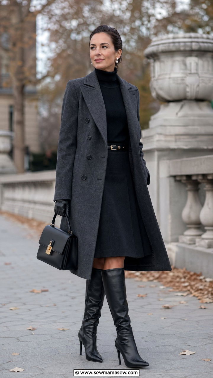 Double Breasted Wool Coat with Fine Turtleneck and A Line Skirt - 35 transitional quiet luxury outfit ideas