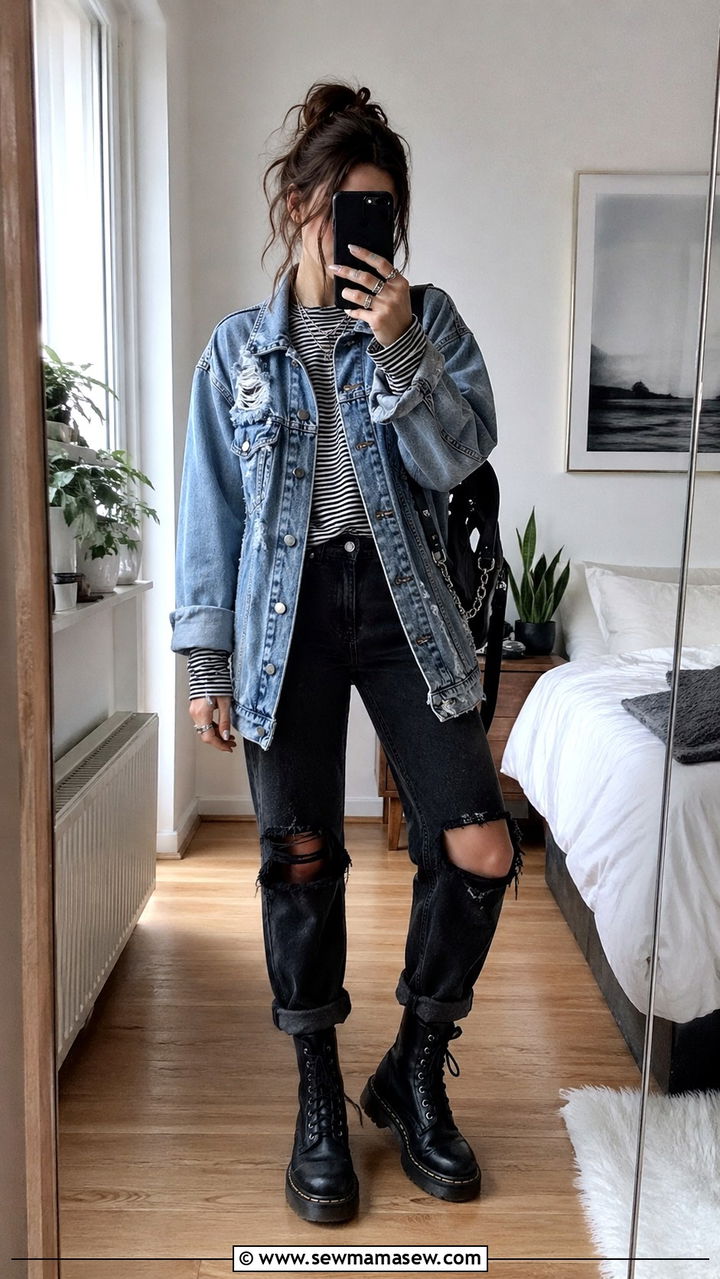 Double Denim Distressed Spring Outfit - 30 spring grunge outfits