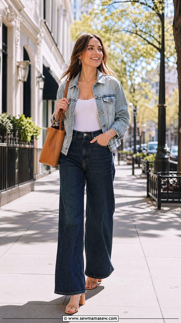 Double Denim With Contrast Washes And Heeled Sandals - 35 spring street style outfit ideas