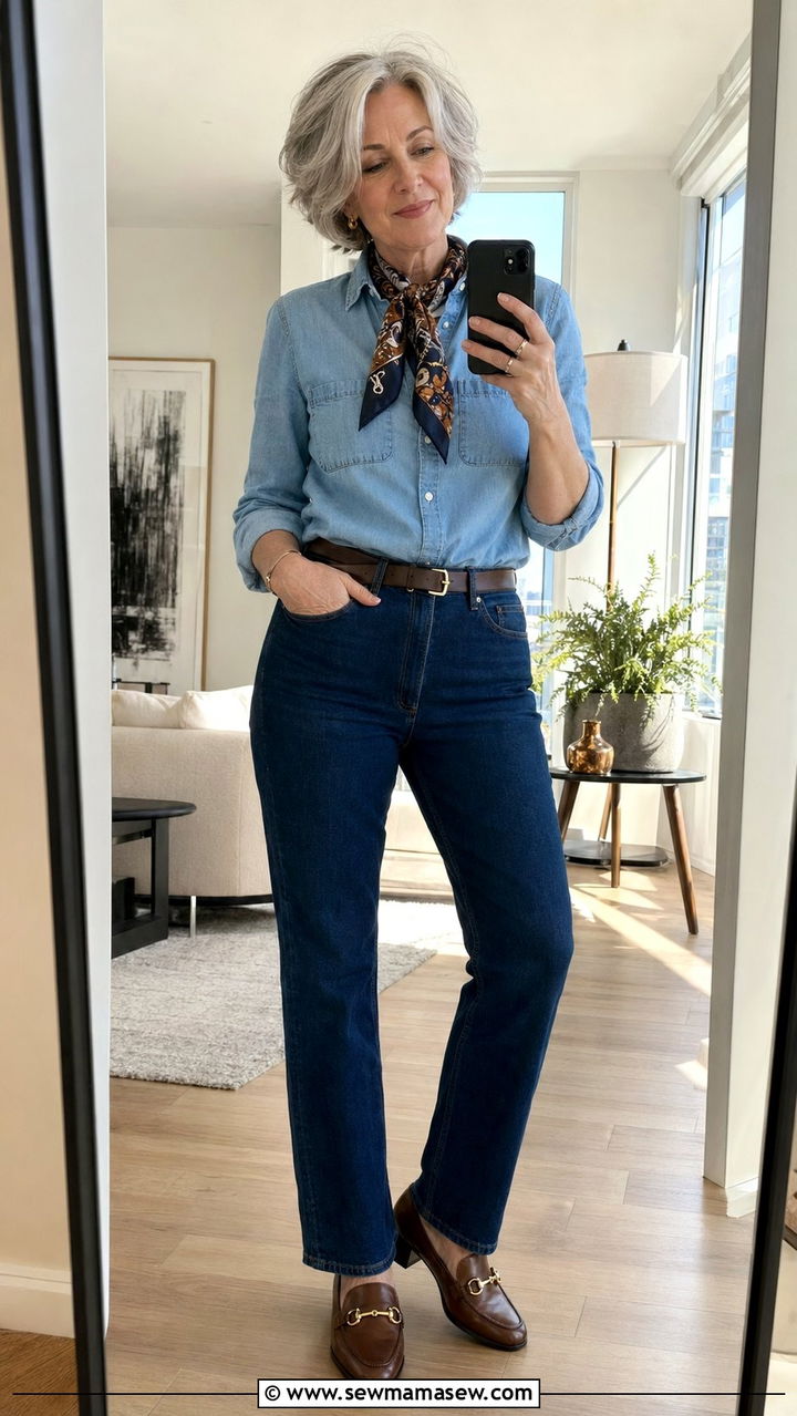 Double Denim with Silk Scarf and Heeled Loafers - 35 Parisian outfits for women over 50