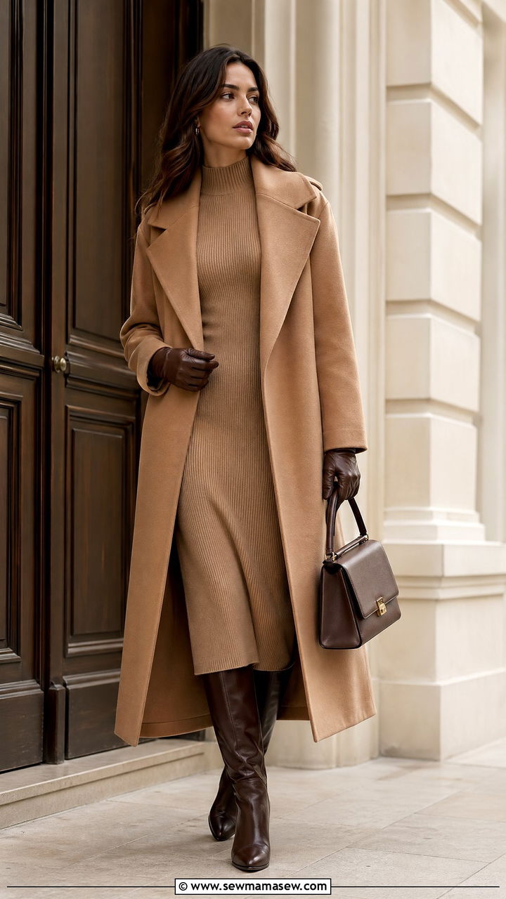 Double Faced Wool Coat and Knit Dress Outfit - 35 transitional classy outfit ideas
