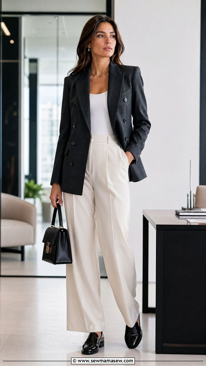 Double breasted blazer and cream trousers outfit - 35 classy outfits 2026
