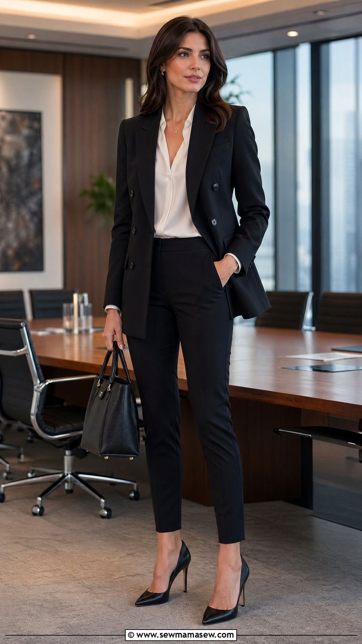 Double breasted blazer with cigarette pants outfit - 35 Corporate outfit ideas for women