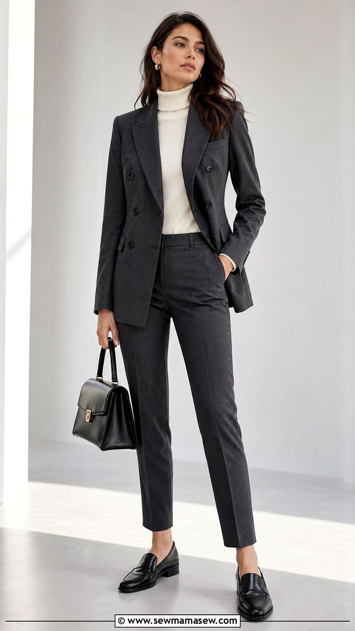 Double breasted blazer with slim trousers and leather loafers - 35 Modest outfit ideas for office