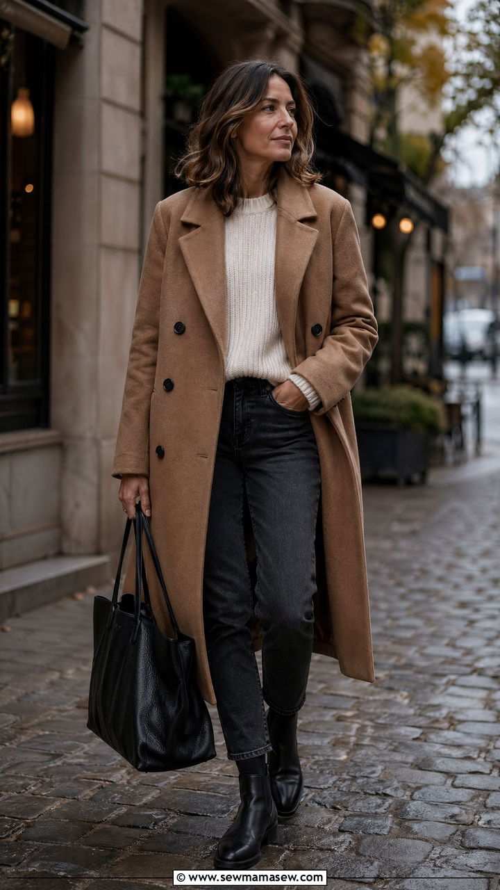 Double breasted camel coat with cream knit and jeans - 35 Classy outfit ideas for women over 40