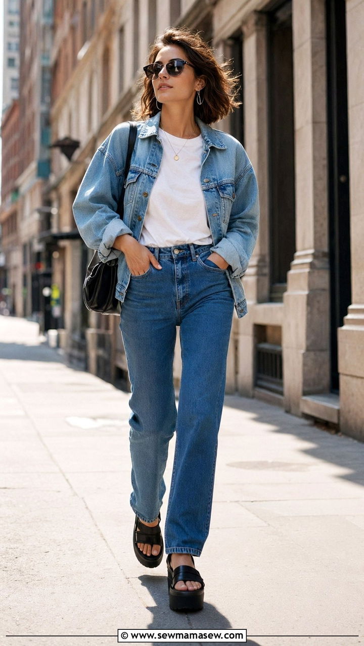 Double denim with white tee and chunky sandals - 30 90s summer outfits