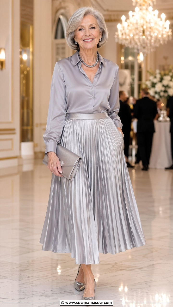 Dove Gray Silk Blouse With a Silver Satin Pleated Skirt - 35 Skirt outfit ideas for women over 60